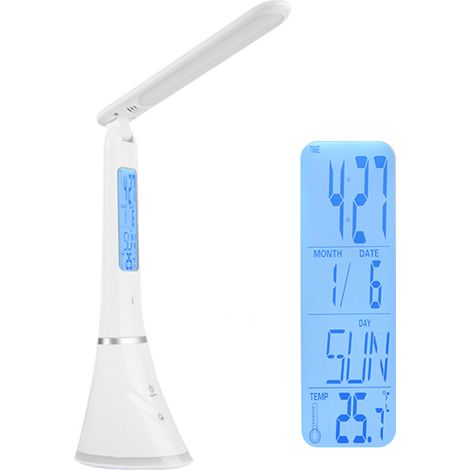 Lámpara de mesa LED plegable, táctil, recargable por USB, regulable, con despertador, calendario, indicador de temperatura y pantalla LCD que cambia de color. (1/5)