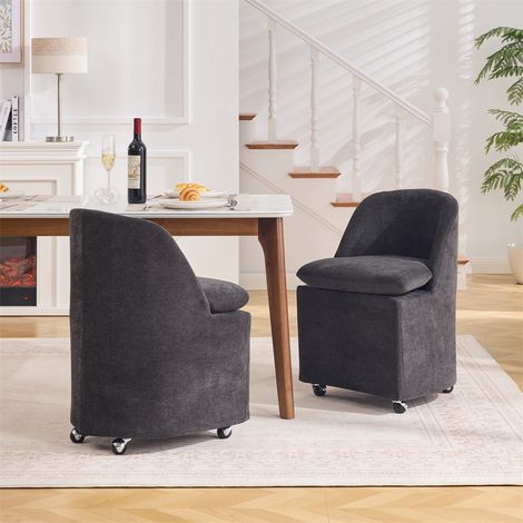Lot de 2 Chaises de Salle à Manger - 53.5x53cm - Fauteuil Rembourré en Chenille avec Roulettes et Housse Amovible - Gris (1/5)
