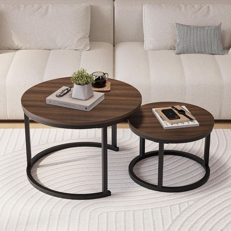 Lot de 2 tables basses gigognes rondes, tables d'appoint empilables pour salon, chambre à coucher, bureau, balcon, appartement (noyer) (1/5)