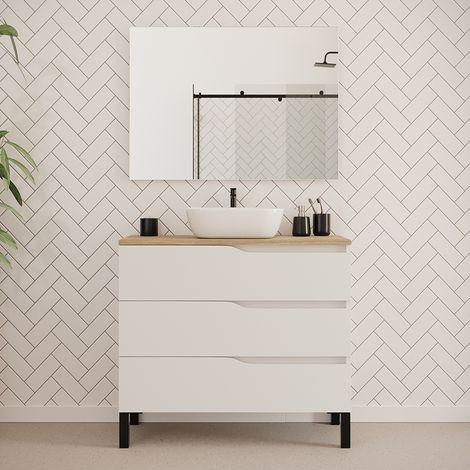 Meuble de salle de bain 100cm avec plateau miel et vasque à poser zeus - 3 tiroirs - blanc - MATA (1/5)