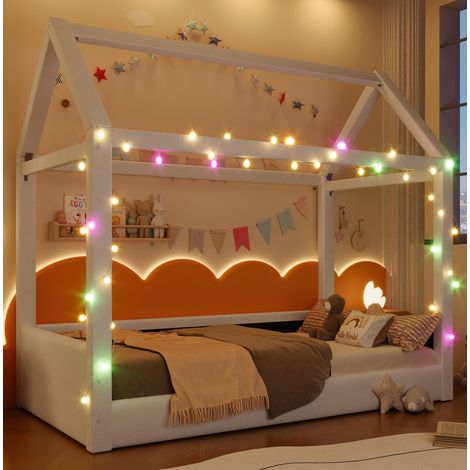 Tagesbett Leinen und MDF Beige 90x200 cm mit LED-Beleuchtung und Hausdesign (1/5)