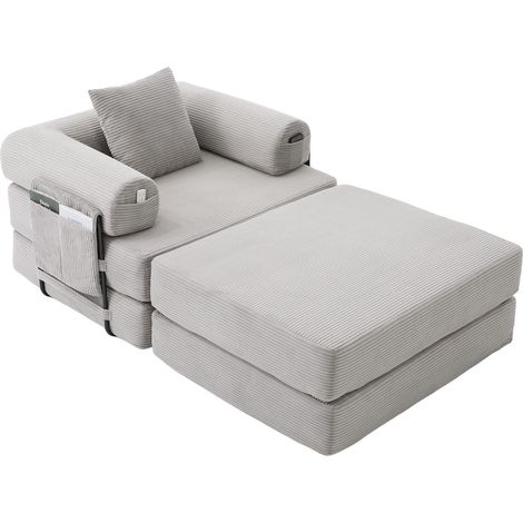 Canapé modulable en velours côtelé gris clair, avec coussin, poche latérale et pouf convertible, assise épaisse sans montage pour salon ou chambre - CHICFURN (1/5)