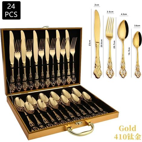(Or, 24 pièces) Ensemble de couverts en acier inoxydable, cuillères et fourchettes de style royal européen, design vintage, compatible lave-vaisselle. (1/2)