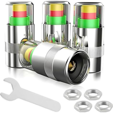 Bouchon Valve Pneu Voiture,4 pièces en Acier Inoxydable, Indicateur de Capteur de Pression de Pneu pour Voitures, Motos, VéLos, Accessoires Automobiles Universels,3 Couleurs (1/5)