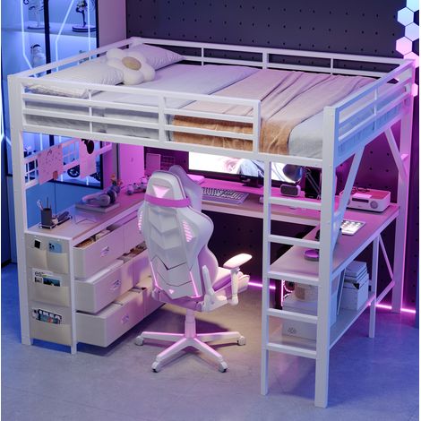 Cama alta 140x200 cm blanca de metal y MDF con escritorio, cajones, estantes y LED (1/5)