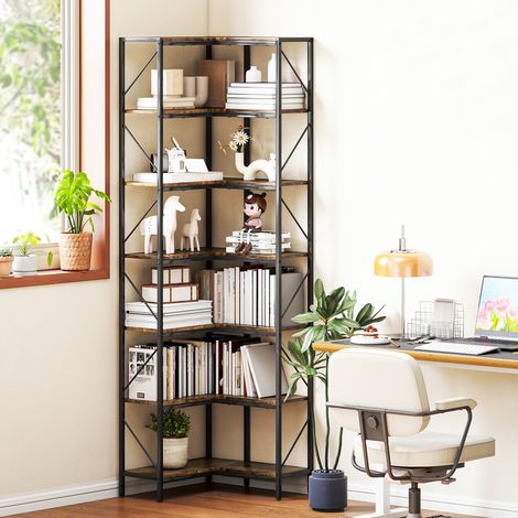 Libreria Angolare Industriale a 7 Livelli, in Legno e Acciaio, 60x60x198 cm, Marrone Rustico