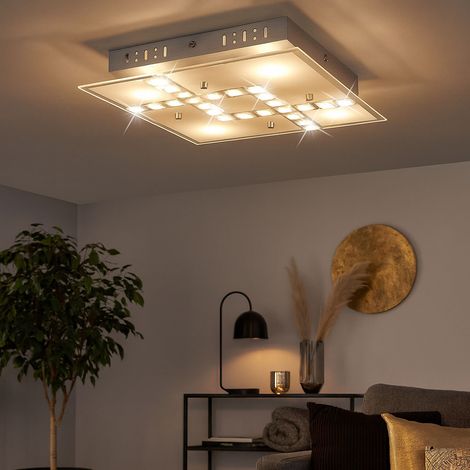 Deckenleuchte Kristalle Wohnzimmerlampe Decke Deckenlampe Glas, Alu, 4x LED 5W 400Lm warmweiß, LxBxH 32x32x6,5 cm