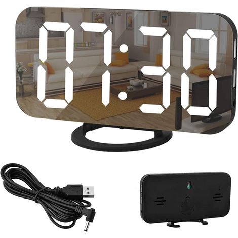 MINKUROW Sveglia Digitale, Sveglia A Specchio Led Da 6,5" Grande Schermo Con Modalità Dimmer, Luminosità Regolabile, 2 Porte Di Ricarica Usb, Grande Pulsante Snooze Per La Decorazione Domestica Nero (1/5)