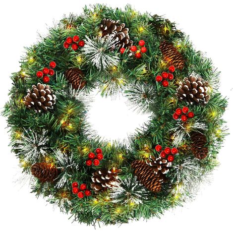 Weihnachtskranz für die Tür, vorbeleuchtete künstliche Weihnachtskränze für die Haustür mit Tannenzapfen, Beeren, 8 Modi und Timer, 50 LED-Lichter für Außendekorationen (18 Zoll) (1/5)