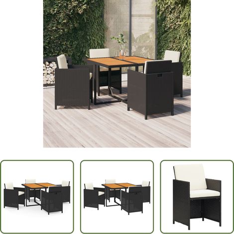 Gartenmöbel - 5-tlg. Garten-Essgruppe mit Kissen Poly Rattan Schwarz (1/5)
