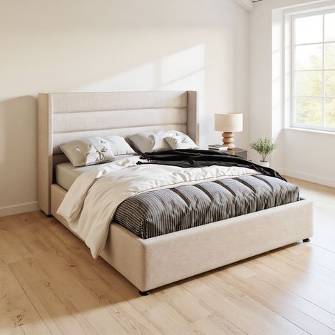 Lit coffre 160x200cm, lit double capitonné, lit adulte à rangement hydraulique, sommier inclus, style moderne scandinave, tissu lin Beige (1/5)