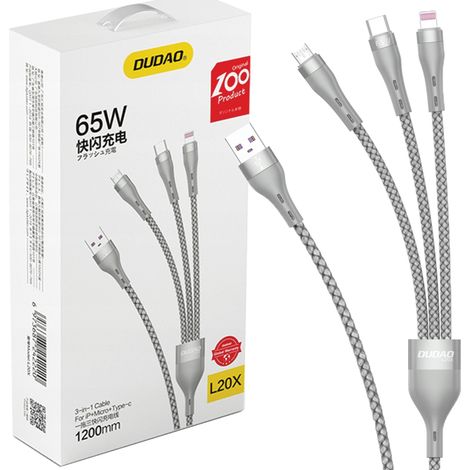 Cavo 3in1 USB - Lightning microUSB USB-C 65W 1,2m grigio