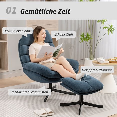 Fauteuil relax avec pouf, fauteuil lounge en tissu chenille, moderne, pour salon ou télévision, 78 x 93 x 100 cm, bleu (1/5)