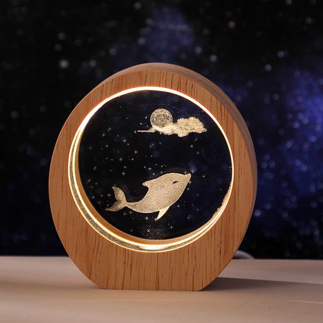 Veilleuse unique Planète Dauphin, cadre rond en bois, sculpture lumineuse en cristal 3D, objet de décoration de bureau, (1/5)