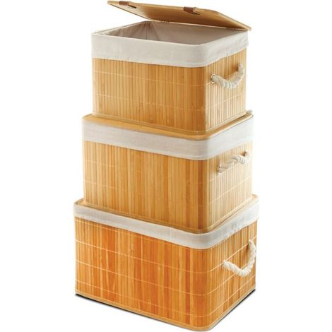 Paniers de rangement - JUANIO - Lot de 3 (petit/moyen/grand) - Bambou - Couvercles - Doublure amovible (1/3)