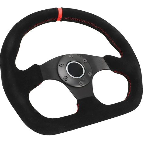 Volant en forme de D, volant de style course en daim de 12,8 pouces avec surpiqûres rouges et bouton de klaxon. (1/5)