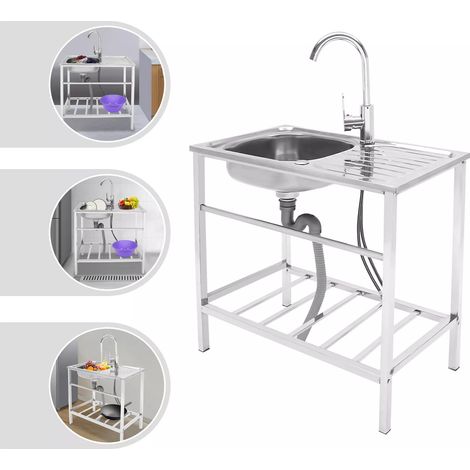 Éviers de Cuisine, Évier Inox 1 Bac avec Robinet, Évier Cuisine Extérieur, Lavabo Inox Commercial pour Restaurant, Bar, Buanderie, Garage, ÉvierJardin Autoportant (1/5)