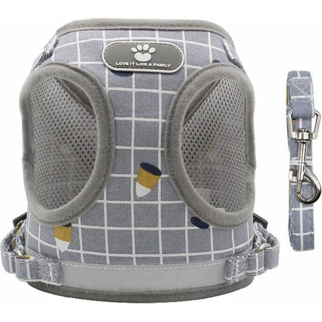 Harnais Chat pour Adulte, Colliers, Harnais et Laisses pour Chats Chihuahua, Harnais Chaton, avec Anti-Perte Pendentif D'adresse et Grelots pour Chat, Xl－carreaux gris (1/5)