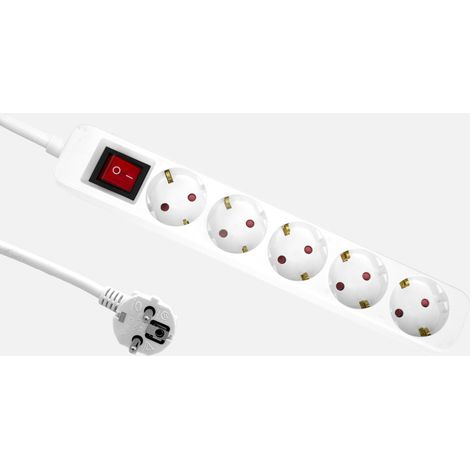 Alargadera Florey Cable 3m 3G×1,5 mm², 5 enchufes+interruptor Blanca protección infantil 4x4x28cm