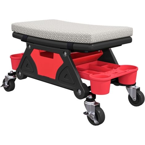 Sgabello da lavoro con ruote, ripiano portaoggetti e cassetto, altezza 35 cm, orientabile, portata massima 135 kg, colore grigio, spedizione in loco. (1/5)