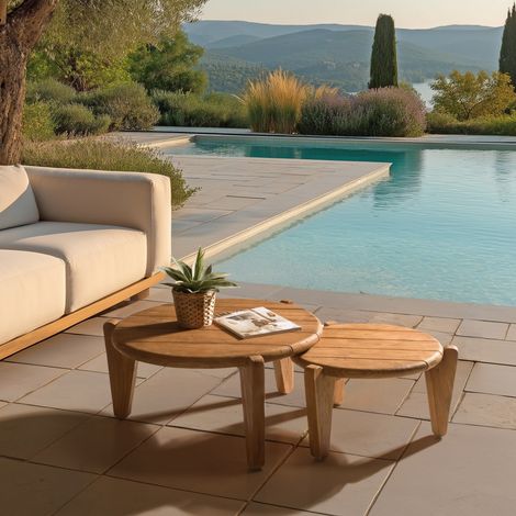 COLINE - Set de 2 tables basses de jardin rondes bois de teck recyclé D50+70cm (1/5)
