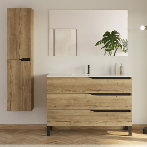Meuble de salle de bain 120cm avec simple vasque - 3 tiroirs et colonne de rangement - madera miel (bois clair) - MATA (1/5)