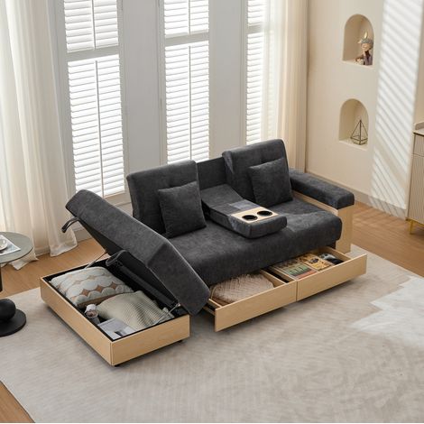 Sofá cama esquinero de 217x110cm, convertible, respaldo ajustable en 3 posiciones, múltiples compartimentos de almacenamiento, chenilla - gris (1/5)
