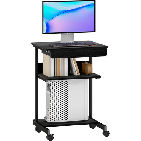 Table bureau, finition noire studio, 56x51 cm tiroir 4 roulettes, 2 étagères ouvertes support CPU, poste travail compact (1/5)