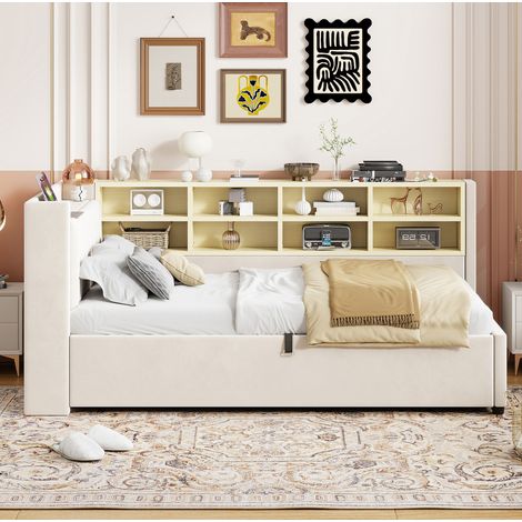 Letto singolo 90x200 velluto beige, contenitore idraulico, senza materasso – MEUBLIV (1/5)