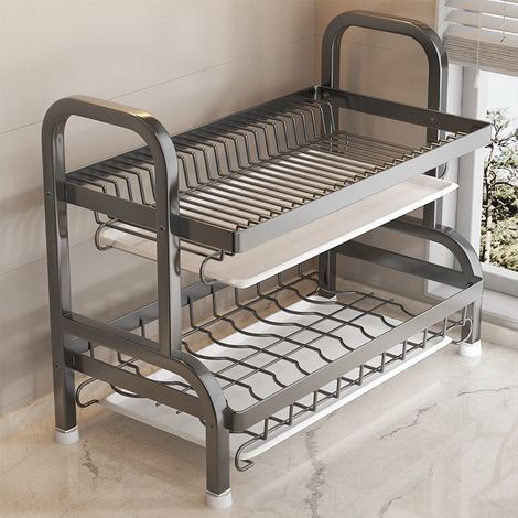 42 cm großer, zweistöckiger Geschirrabtropfständer – Multifunktionaler Organizer für die Arbeitsplatte, inklusive sämtlichem Zubehör (mit Messerhalter, Schneidebretthalter und Haken). (1/5)