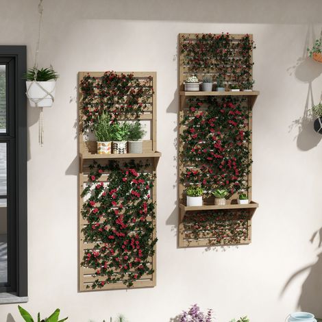 Lot de 2 support plantes intérieur porte plante intérieure avec étagères et treillis 60 x 18 x 170 cm bois naturel