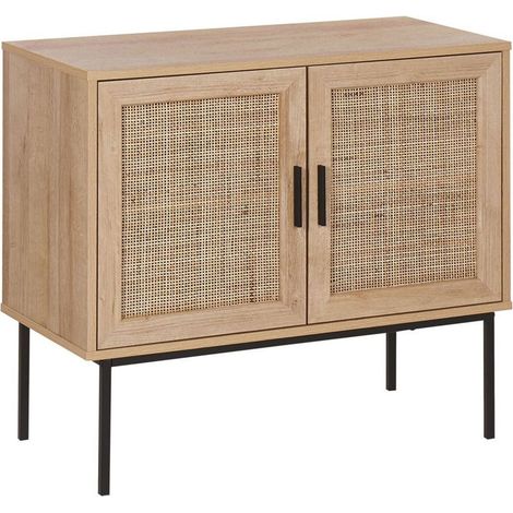 Beliani – Commode 2 portes en rotin naturel – Meuble de rangement scandinave rétro – 4 compartiments spacieux – Pieds en métal noir