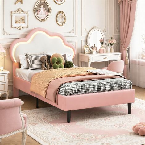 Lit simple 90x200 cm avec tête de lit nuage LED, Lit enfant rembourré avec sommier à lattes, Lit fille Lit princess, PU, Rose (1/5)