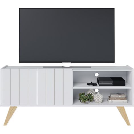 Meuble TV Bar 55 Pouces Blanc Pieds Bois 2 Portes 3 Niches L 135.8 H 58.7 P 36.1cm (1/5)