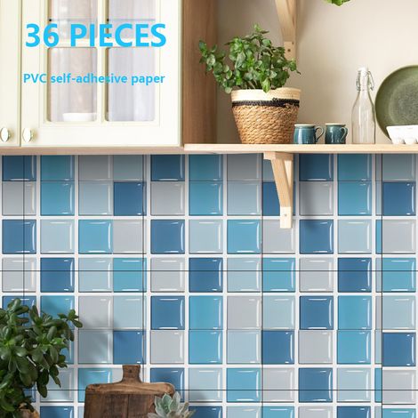 Un ensemble de 36 stickers muraux à thème bleu, en PVC auto-adhésif imperméable, pour cuisines et salles de bains (1010cm)