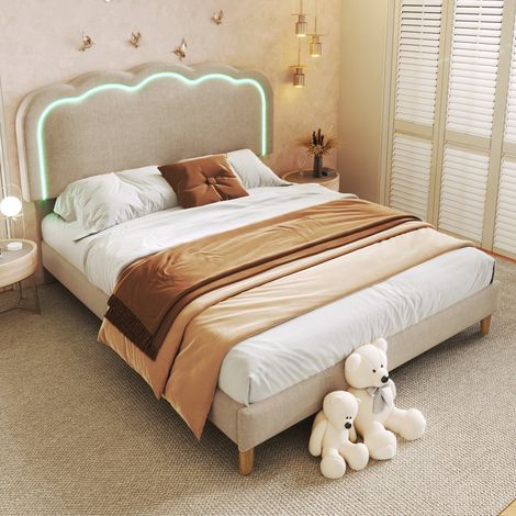 DOKEA Lit double 140 x 200 cm avec LED, sommier et tête de lit réglable, beige - sans matelas (1/5)
