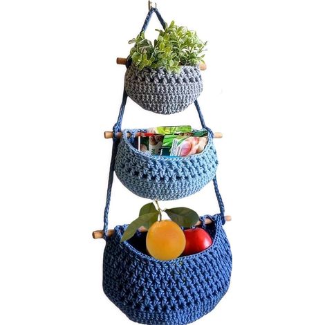 Panier suspendu à fruits et légumes à 3 niveaux - Filet mural amovible - Panier mural en jute tressé à la main - Étagère de cuisine multifonctionnelle - Rangement pour fruits et légumes - Décoration b