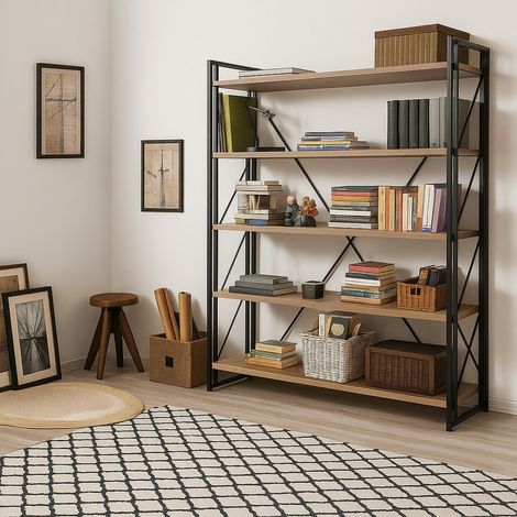 Dmora - Estante para libros Sol, Estante de oficina, Porta libros móvil, Biblioteca, 130x35h180 cm, Roble y Negro, con embalaje reforzado (1/5)