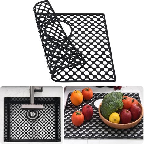 Tapis d'évier de cuisine en silicone noir, 47 x 39 cm, tapis de protection pour évier de cuisine en acier inoxydable, résistant à la chaleur, antidérapant, pliable, avec évacuation arrière (1/5)
