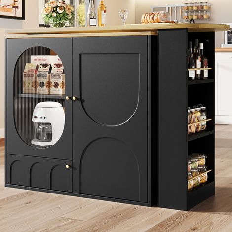 Table tournante de bar 360°, comptoir debout (corps 138 x 39 x 102 cm), meuble café-bar, îlot de cuisine pivotant avec rangement, trois portes à étagères, cloisons amovibles, blanc/noir (1/5)