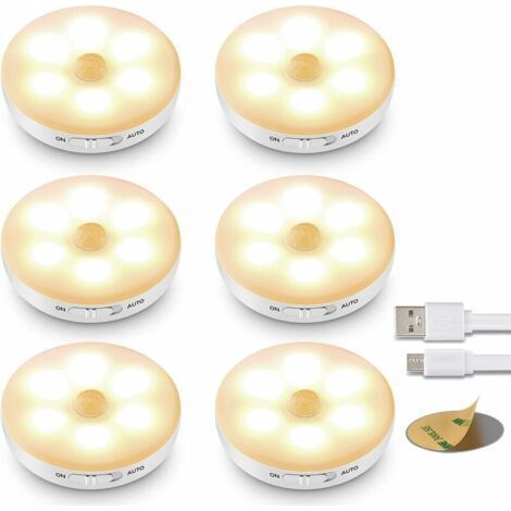 Lampe Detecteur de Mouvement Interieur,ICEKO-KN Veilleuse Enfant Rechargeable,3 Modes (Auto/On/Off),LED Escalier Detecteur de Mouvement pile,Lampe LED Sans Fil Automatique(6-Packs Jaune) (1/5)