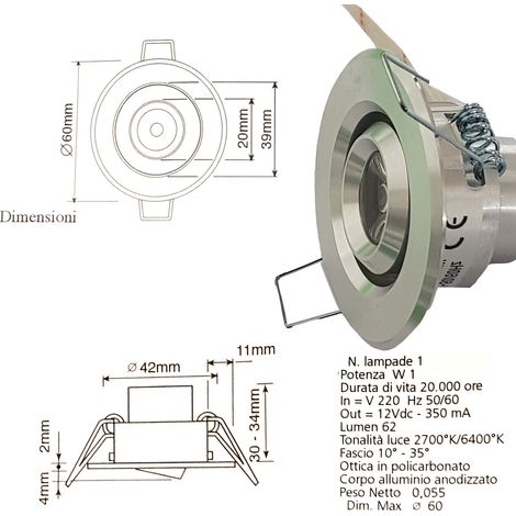 FARETTO LUCE CALDA A LED MINI 1 W SPOT ORIENTABILE ALETTE SEGNAPASSO CON DRIVER