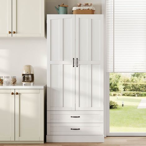 Buffet haut de cuisine 80 x 37,5 x 180 cm avec 3 étagères coulissantes, 2 tiroirs, étagères de porte et tablette réglable, MDF blanc (1/5)