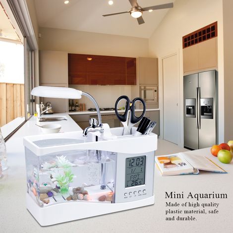 Mini aquarium multifonctionnel rechargeable par USB avec horloge et éclairage LED blanc (1/5)