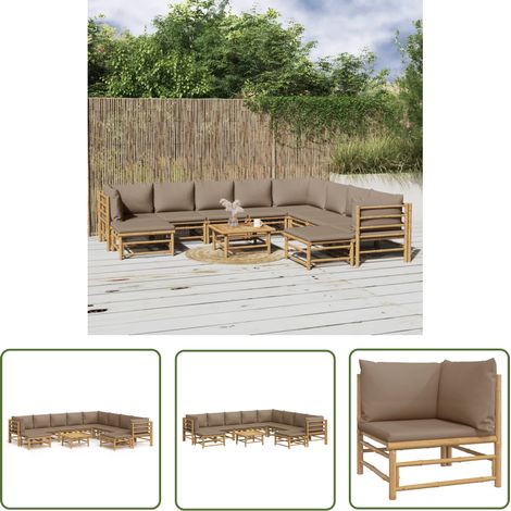 The Living Store 11-tlg. Garten-Lounge-Set mit Kissen Taupe Bambus - Bambus Möbel - Gartenloungeset - Outdoor Möbel - Gartenmöbel - Esstisch (1/5)