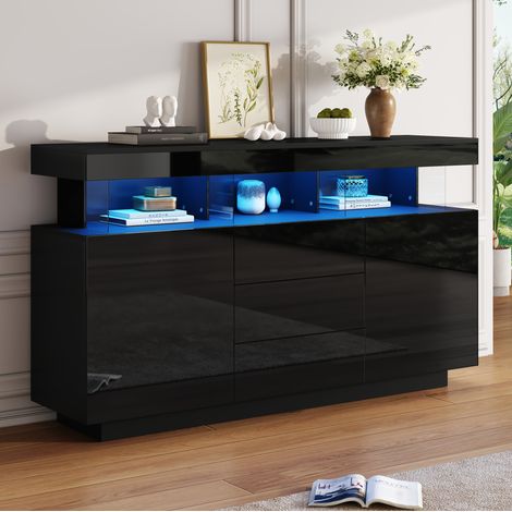 Modernes Sideboard 140 x 35 x 80 cm, Hochglanz, mit LED, 3 Schubladen, 2 Türen, schwarz (1/5)