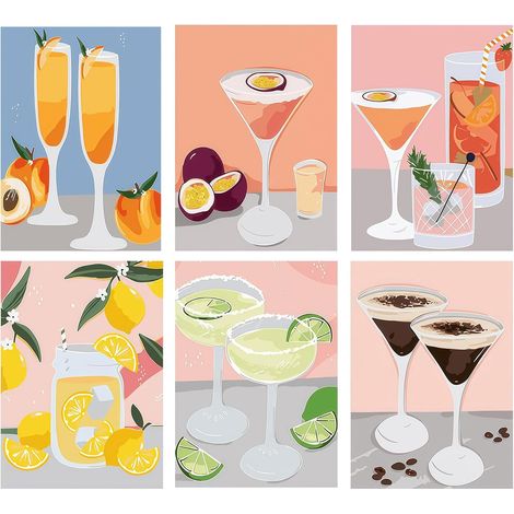 Ensemble De 6 Affiches Cocktail Rétro Colorées, Art Mural Toile, Impression Drôle Alcool Verre De Vin, Décoration Murale Esthétique, Non Encadré, Set D’Images Po (1/5)