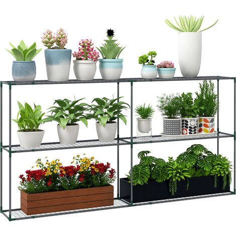 Outsunny Pflanzenregal, Blumenregal Pflanzentreppe mit 3 Stufen, Pflanzenständer, Blumenständer für Garten, Balkon, Stahl, Dunkelgrün, 222 x 30 x 114 cm (1/5)
