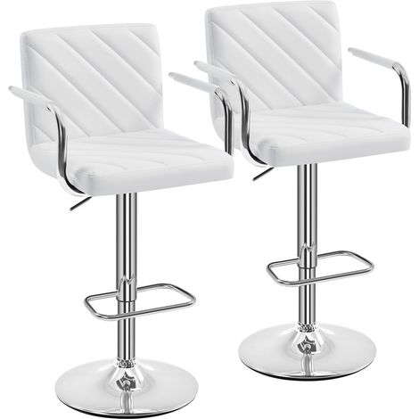 Yaheetech – Lot de 2 tabourets de bar en similicuir – Accoudoirs réglables – Hauteur d'assise 62,5-84,5 cm – Siège rotatif 360° – Pied en métal blanc