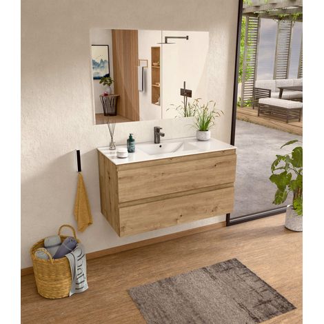 BELLOBATH - Meuble de Salle de Bain avec Plan Vasque en Céramique et Miroir, Meuble Monté et 2 Tiroirs, 100 x 55 x 46 cm, Meuble en Chêne (1/5)